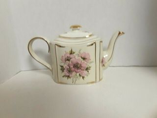 Vintage Tea Pot Haddon Arthur Wood England White,  Gold Trim,  Blue Flower Design