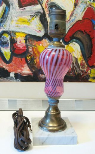 Fenton Art Glass Cranberry Opalescent Swirl Boudoir Lamp Optic Rib Light Marble