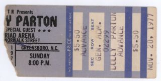 Rare Dolly Parton 11/20/77 Greensboro Nc Ticket Stub