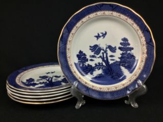 Royal Doulton Real Old Willow Six (6) 8 1/2 " Salad Dessert Plates Blue Gold