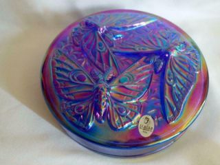 Fenton Cobalt Blue Carnival Glass Butterfly Dresser Box Verlys Mold Huge 6 5/8 "