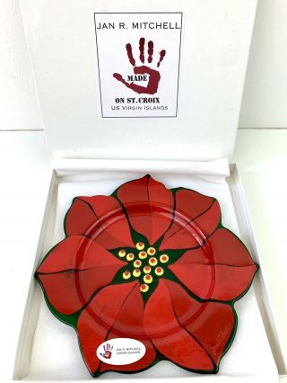 Jan R.  Mitchell Christmas Red Poinsettia Plate 8 " Handmade Fused Art Glass W Box
