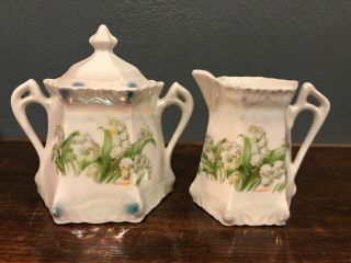 Vintage Lilly Of The Valley Sugar Pot & Creamer Set Signed D 