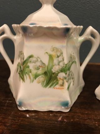 Vintage Lilly of the Valley Sugar Pot & Creamer Set signed D ' Aubriand Germany 2