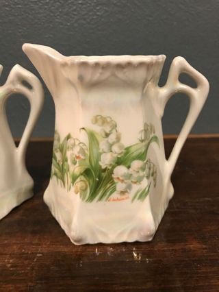 Vintage Lilly of the Valley Sugar Pot & Creamer Set signed D ' Aubriand Germany 3