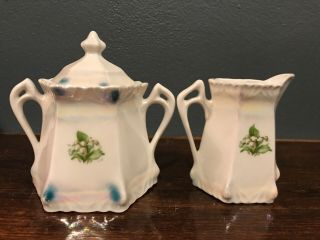 Vintage Lilly of the Valley Sugar Pot & Creamer Set signed D ' Aubriand Germany 6