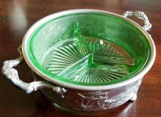 Vintage Art Deco Depression Era Divided Green Glass Candy Dish With Metal Holder