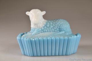 C.  1q 1900s Lamb On Nest Westmoreland Blue Opaque Glass - Picket Fence Base