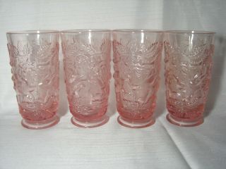 Vintage Set Of 4 Fabulous Clear Pink Wild Roses Pressed Glass 12 Oz Tumblers