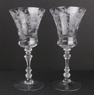 Set Of 2,  Vintage Cambridge Etched Rose Point Tall Wine Glasses Goblets