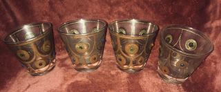 Rare Vintage Mid Century Drinking Glasses 3.  50” Tumbler Aqua/gold Set Of 4