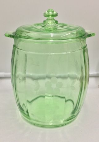 Vintage Green Depression Glass Cookie Jar W/lid Etched Flower On Front & Back