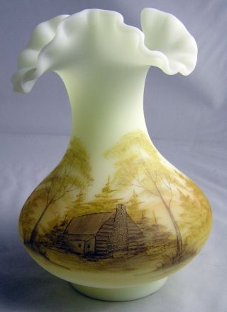Fenton Art Glass Hand Painted Custard Ruffled Vase Log Cabin Signed