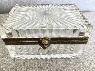 Vintage Cut Glass And Brass Hinged Jewelry Box / Casket W/ Lion Head Closure