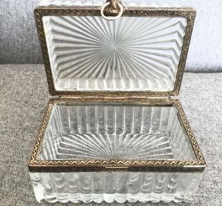 Vintage Cut Glass And Brass Hinged Jewelry Box / Casket w/ Lion Head Closure 2