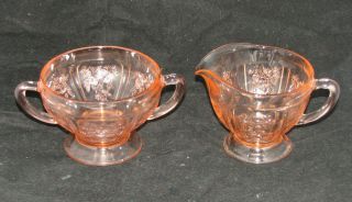 Vintage Pink Depression Glass Sugar Bowl & Creamer Rose Pattern
