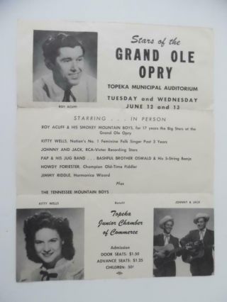 1956 Stars Of Grand Ole Opry Concert Poster Roy Acuff Kitty Wells Topeka Vintage