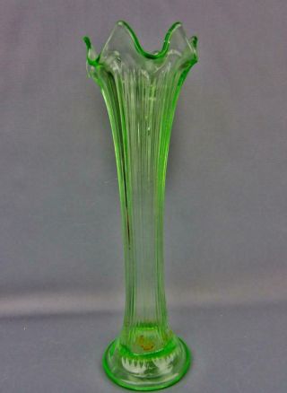 Fenton Fine Rib Green Transparent (uranium) Depression Glass 10 " Vase 4875