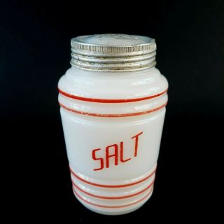 Vintage Hazel Atlas Red Stripe Ribbed Salt Shaker Milk Glass