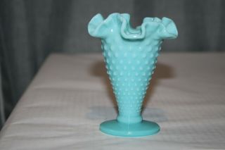 Vintage Fenton Turquoise Milk Glass Hobnail Trumpet Vase Ruffled 4 " Exc.  Cond.