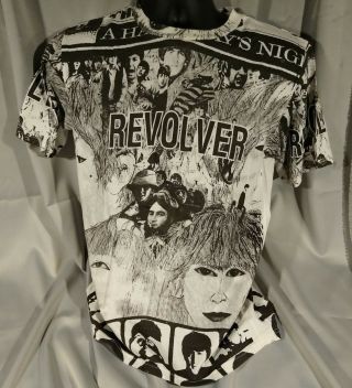 Vtg 90s Beatles T Shirt All Over Print Graphic Tee Revolver X Hard Day 