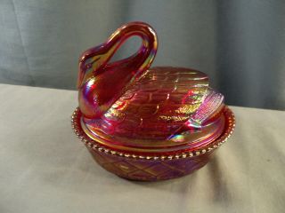Westmoreland Red Carnival Glass Swan On The Nest Covered Candy Dish