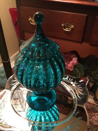 Vintage Blue Empoli Italian Art Glass Candy Apothecary Jar Mid Century Dish