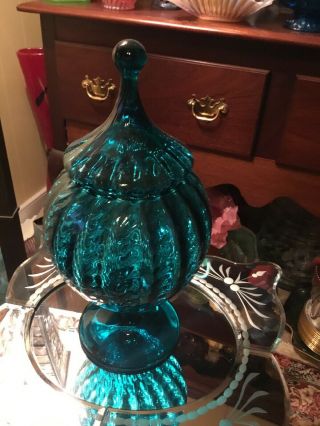 Vintage Blue Empoli Italian Art Glass Candy Apothecary Jar Mid Century Dish 2