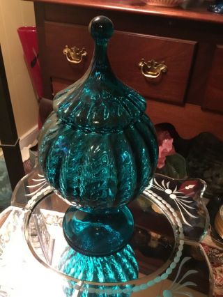 Vintage Blue Empoli Italian Art Glass Candy Apothecary Jar Mid Century Dish 3