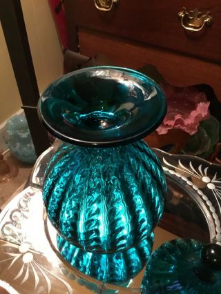 Vintage Blue Empoli Italian Art Glass Candy Apothecary Jar Mid Century Dish 5