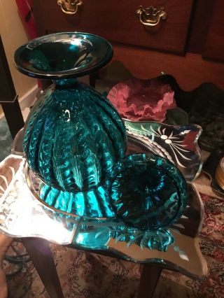 Vintage Blue Empoli Italian Art Glass Candy Apothecary Jar Mid Century Dish 8
