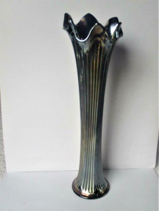Fenton Carnival Glass Vase 12.  75 " Cobalt Blue Tall Fine Rib Swung