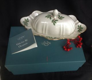 Vtg Lenox Porcelain 24kt Holiday Covered Butter Dish Holly Berry Design Box 10 " W