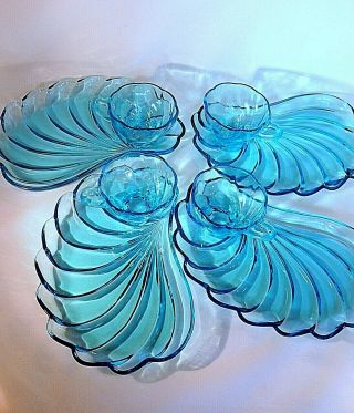 Hazel - Atlas Capri Blue Seashell Swirl Vintage Snack Set Of 4 Trays And 4 Cups