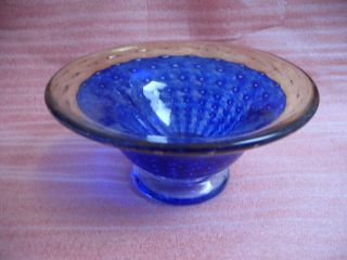 Vintage Gibraltar Crystal Art Glass Controlled Bubble Blue / Yellow Footed Bowl