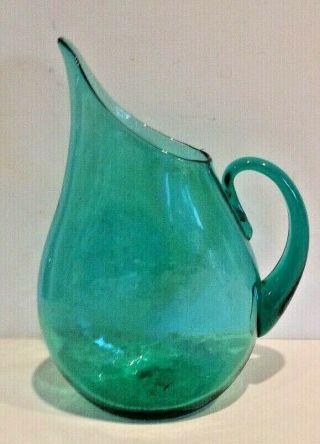 Old Vintage Blenko 13 " Aqua Blue Green Teal Dimple Glass Pitcher Ewer