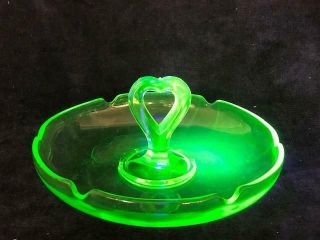 Green Uranium Depression Glass Heart Shaped Handle Candy Bonbon Dish 1219b