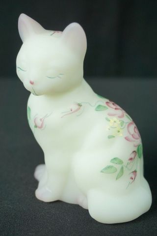 Fenton Art Glass Cat White Satin With Pink Flowers Hand Painted By J.  Powell
