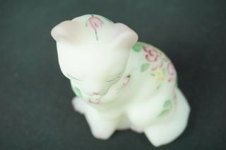 Fenton Art Glass Cat White Satin with Pink Flowers Hand Painted by J.  Powell 7