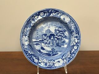 Antique Staffordshire Blue & White Transferware Soup Bowl Family & Mule C.  1830