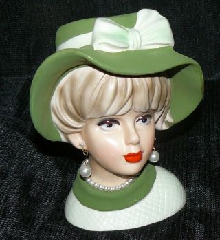 Vintage Napco Napcoware Pottery Headvase C7494 Retro Head Vase Green Hat Pearls