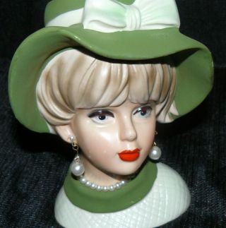 Vintage Napco Napcoware Pottery Headvase C7494 Retro Head Vase Green Hat Pearls 2