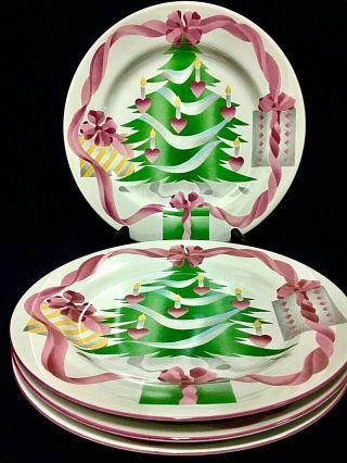 Set Of 4 Sango Home For Christmas Dinner Plates Tree In Center Pink Trim