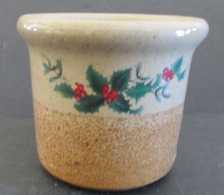 Monroe Salt Pottery Holly Leaves Decorated Stoneware Maine Flower Pot 4 "