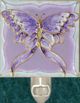 Purple Lavender Butterfly Night Light Wall Plug In Stained Art Glass Decor Gift 2