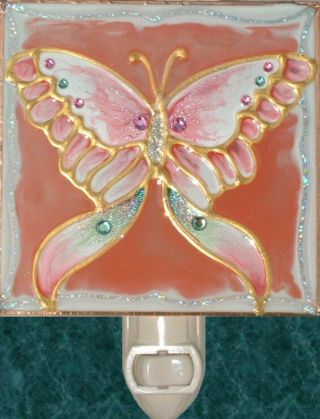 Purple Lavender Butterfly Night Light Wall Plug In Stained Art Glass Decor Gift 4