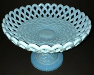 Vintage (hard - To - Find) Fenton Blue Milk Glass Compote Desert Bowl (laced Edge - Gc