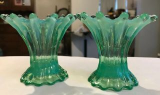 Green Opalescent Glass Small Vases 3”