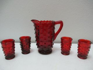 Vintage Ruby Red Glass Miniature Glass Pitcher & 4 Glasses Hobnail Pattern