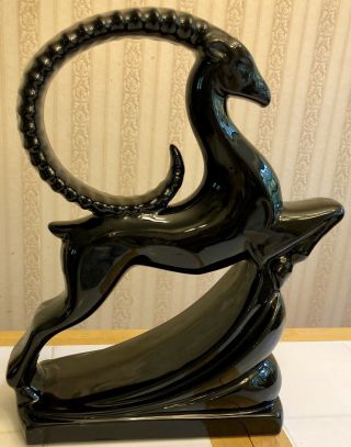 Haeger Pottery Ibex Gazelle Ram Ebony Black Art Deco Ceramic Sculpture 19.  5”